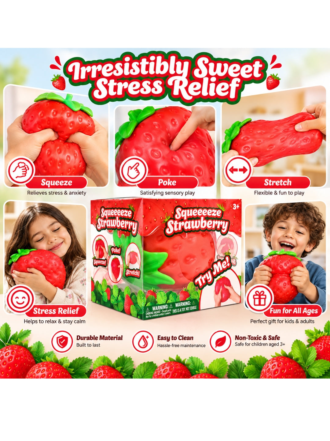 Extra Large Strawberry Squishy Stress Ball, 5-Inch Giant Fruit Fidget Toy, Red, 1 PC