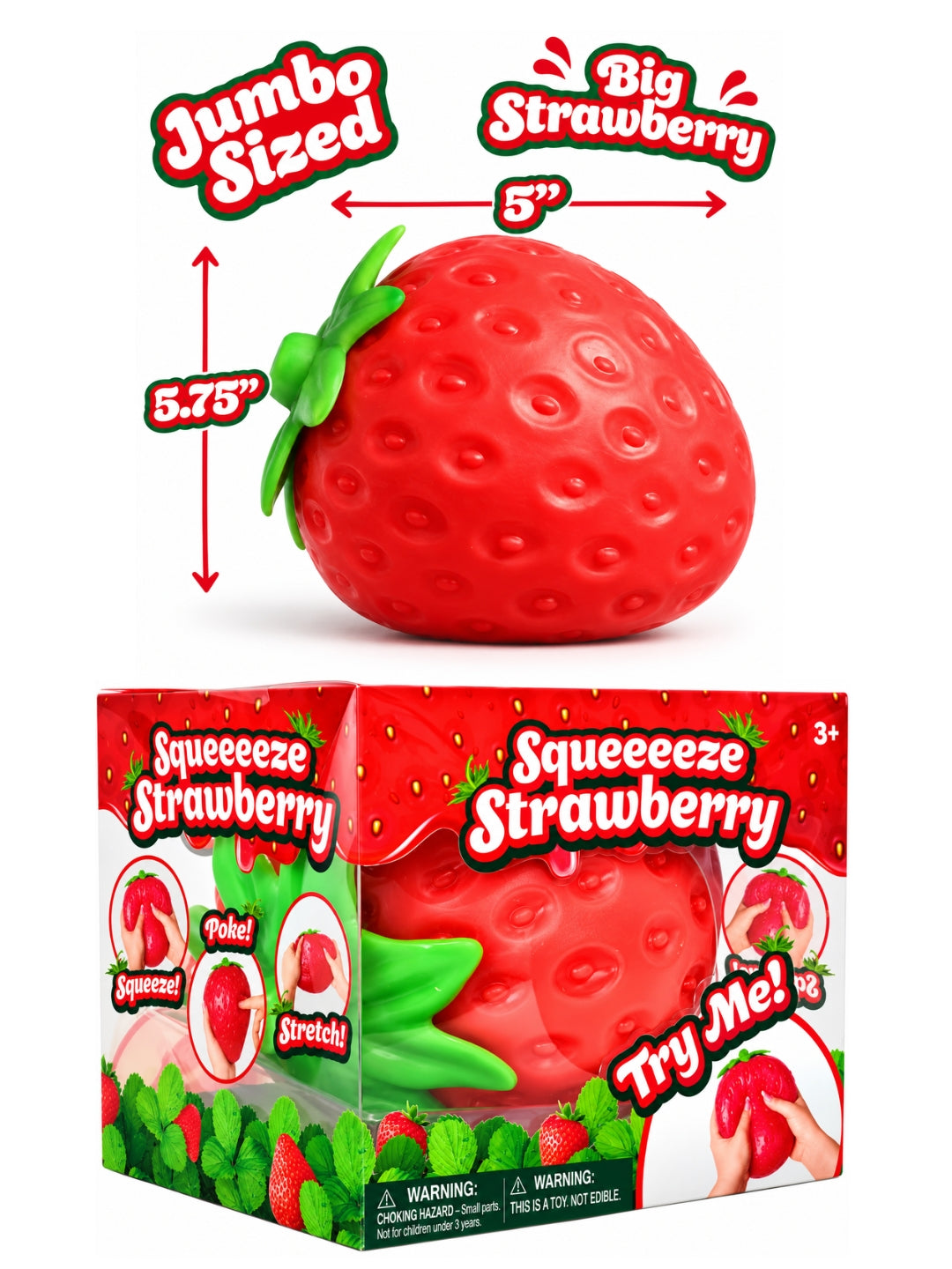 Extra Large Strawberry Squishy Stress Ball, 5-Inch Giant Fruit Fidget Toy, Red, 1 PC