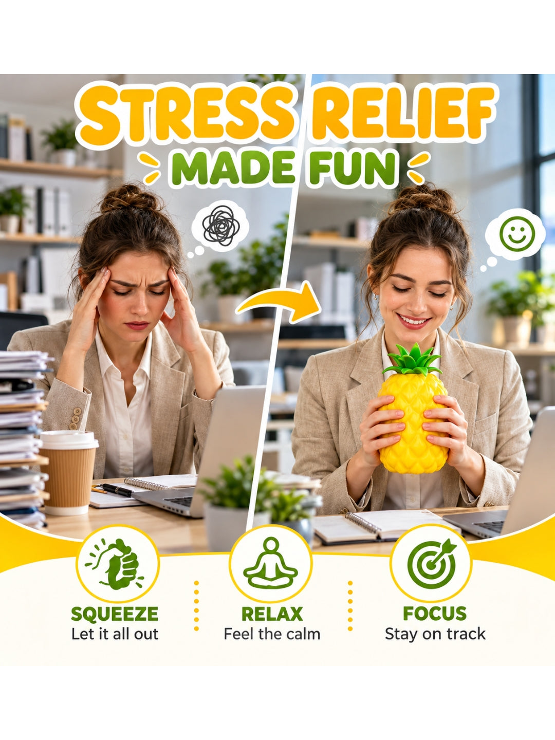 Giant Pineapple Scented Squishy Stress Ball, Jumbo Slow-Rising Fidget Toy for Kids & Adults, Yellow