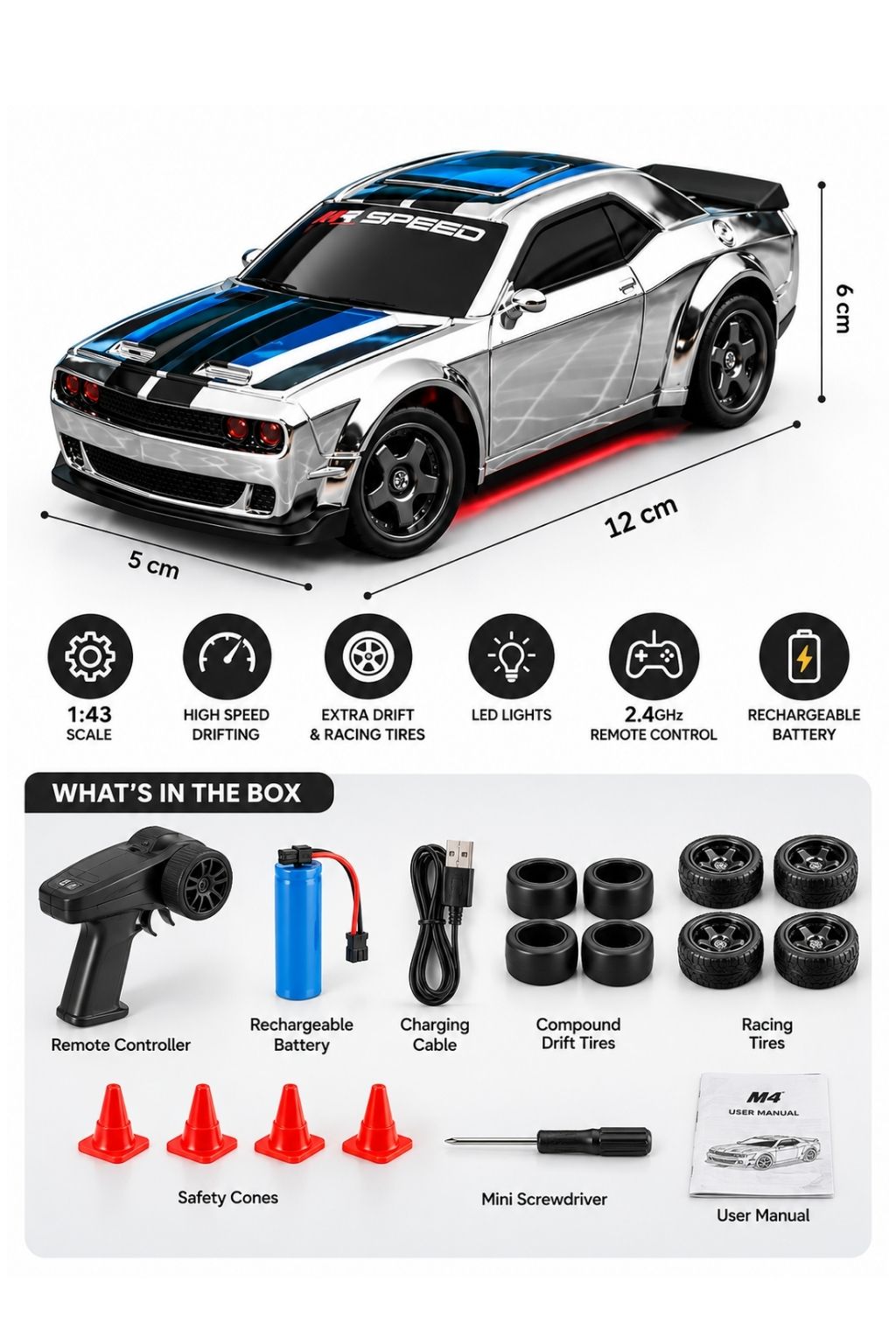 M4 Elite Mini RC Drift Car 1:43 Scale 4WD 15KM/H with Gyroscope, 2.4GHz - 01 Pcs | Assorted