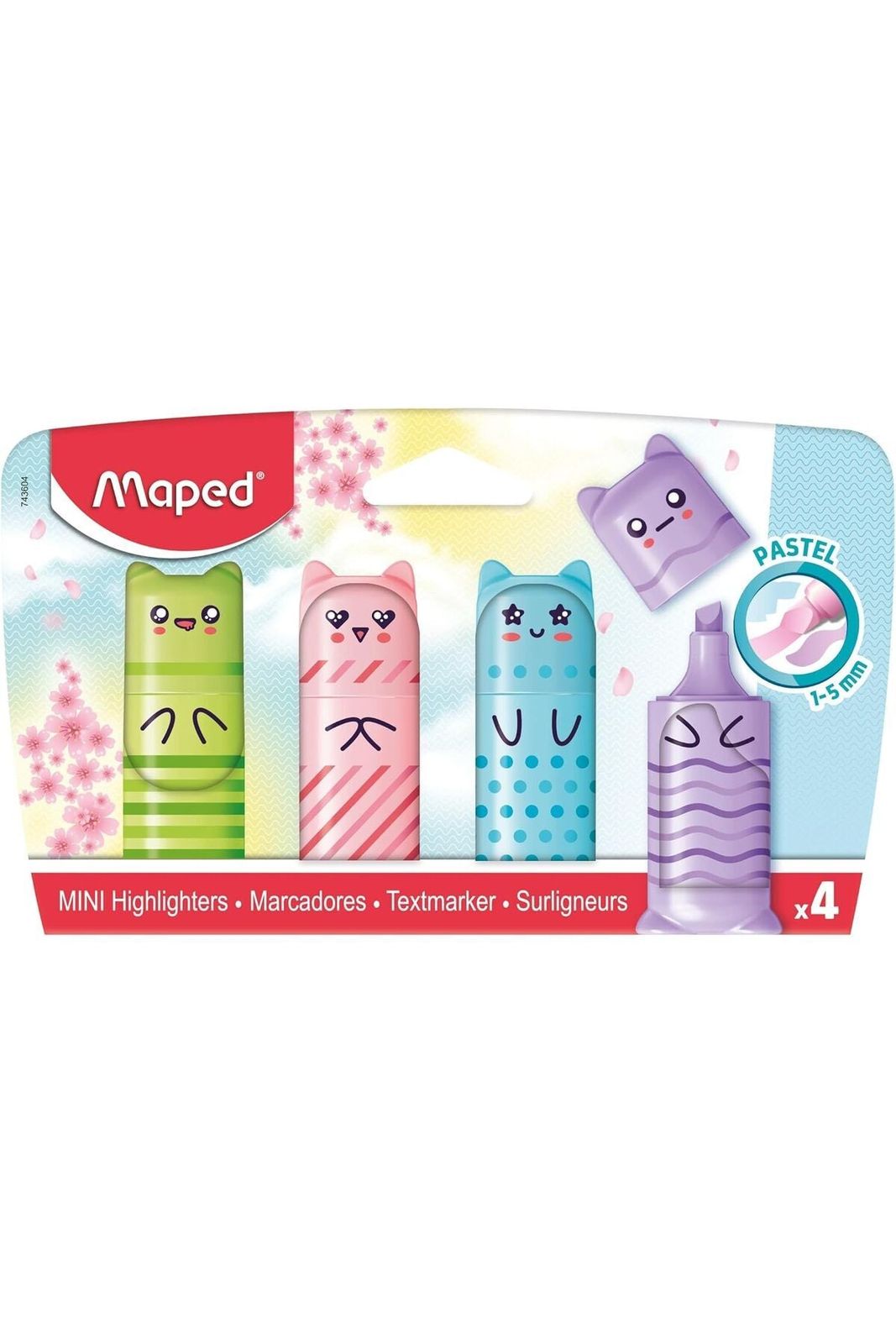 4 Mini Pastel Highlighters - Character Shaped - Green, Blue, Pink, Purple