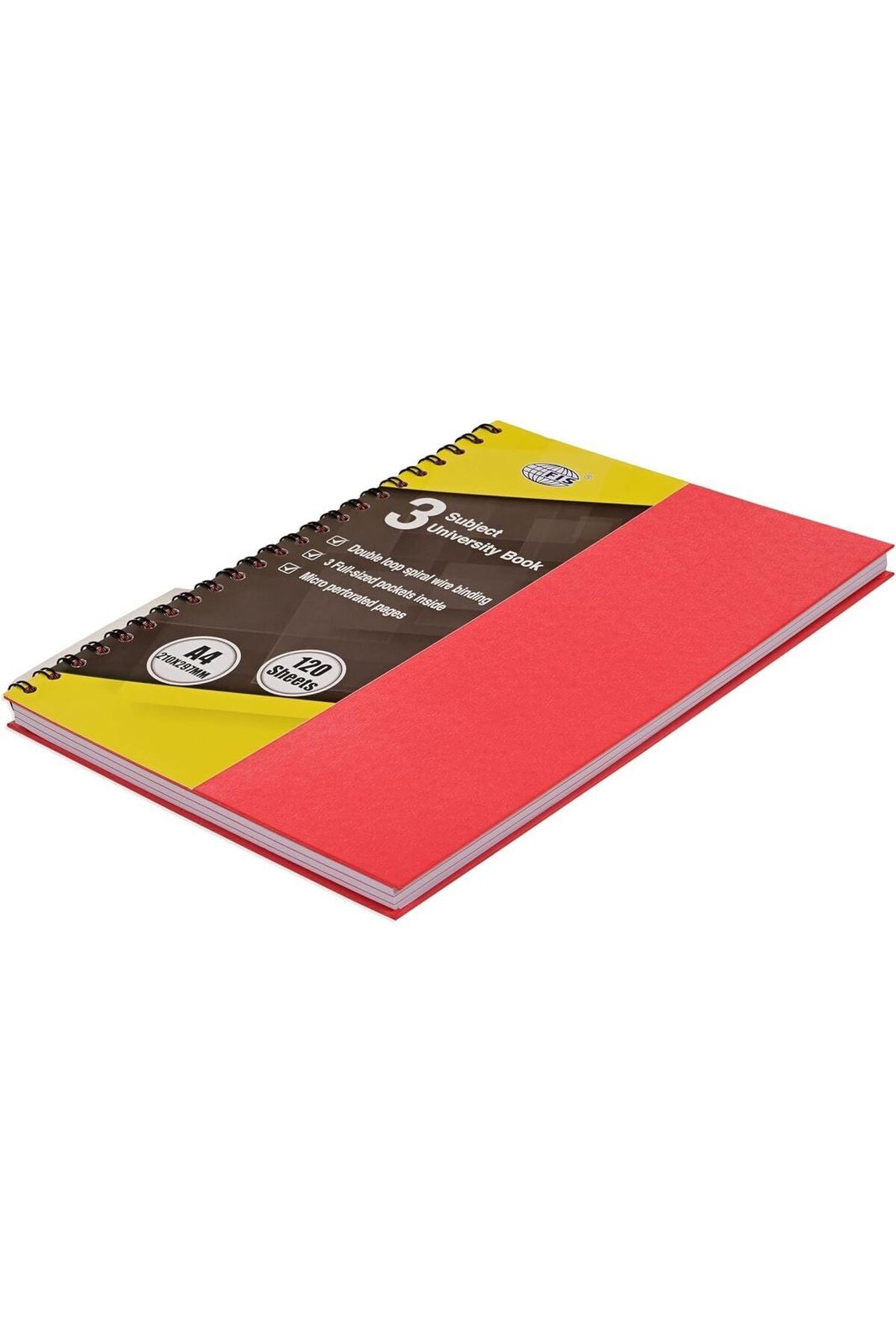 University Book Spiral Hardcover A4 3-Subject, Single Ruled with Border, 120 Sheets, Neon Red -