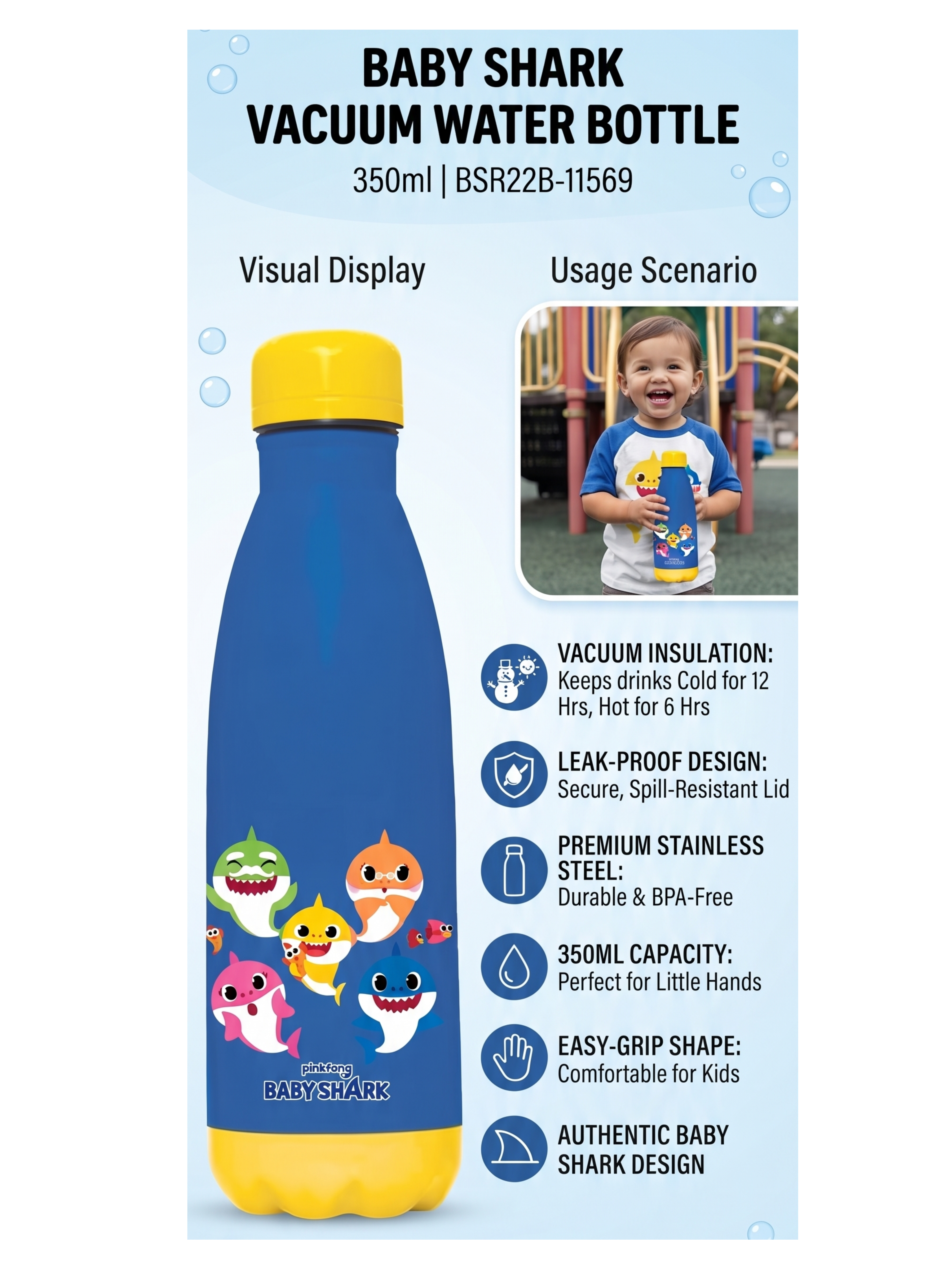 Baby Shark Insulated Water Bottle – 350ml Stainless Steel صورة ثانوية