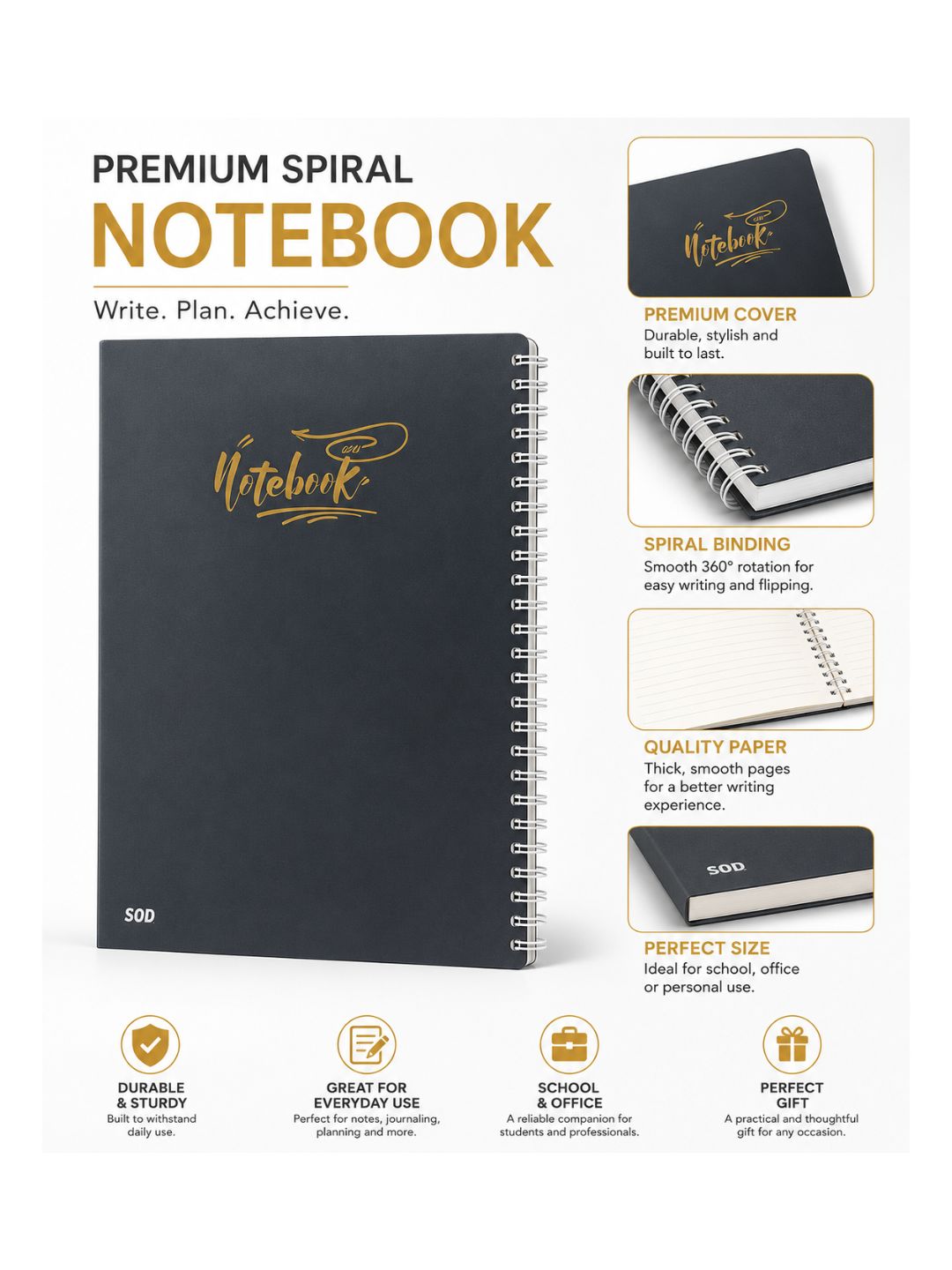 SOD Gray Spiral Ruled Notebook 100 Sheets صورة ثانوية