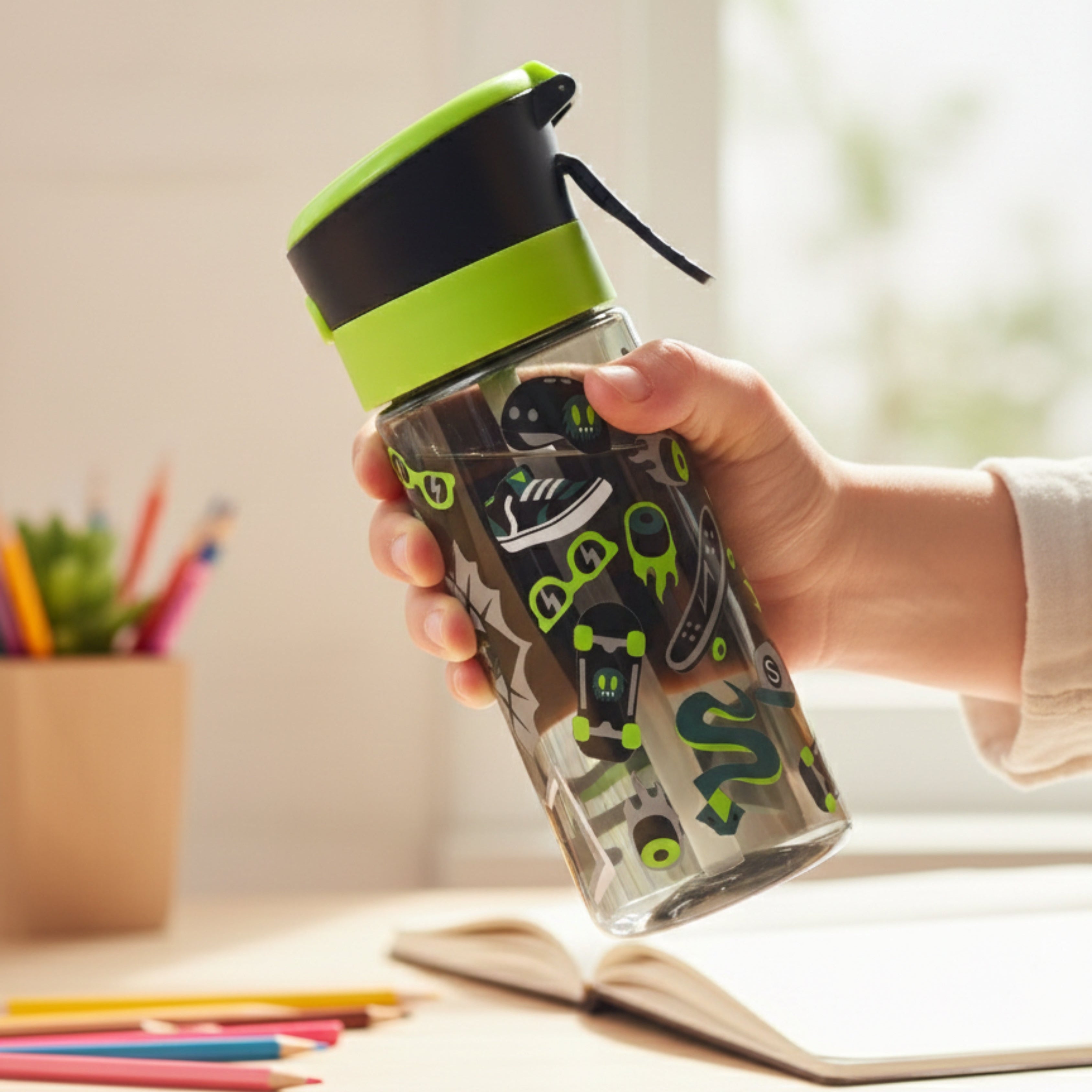 Kids Water Bottle 420ml – Leak-Proof Sip-Drink Lid and Straw - Green