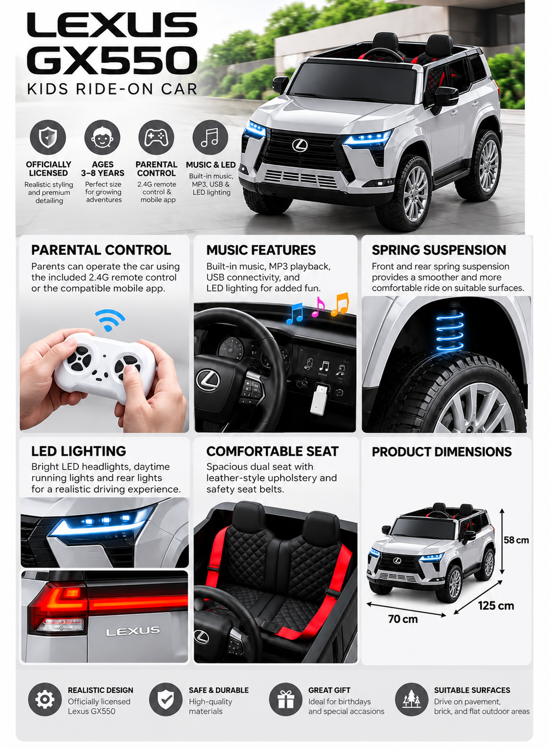 Lexus GX550 Electric Ride On Car - Silver Grey