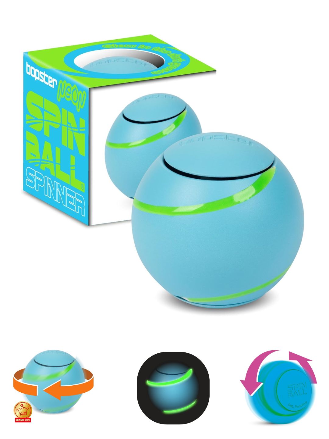 Bopster Spin Ball Spinner Neon colour with Glow in the Dark Groove | Blue