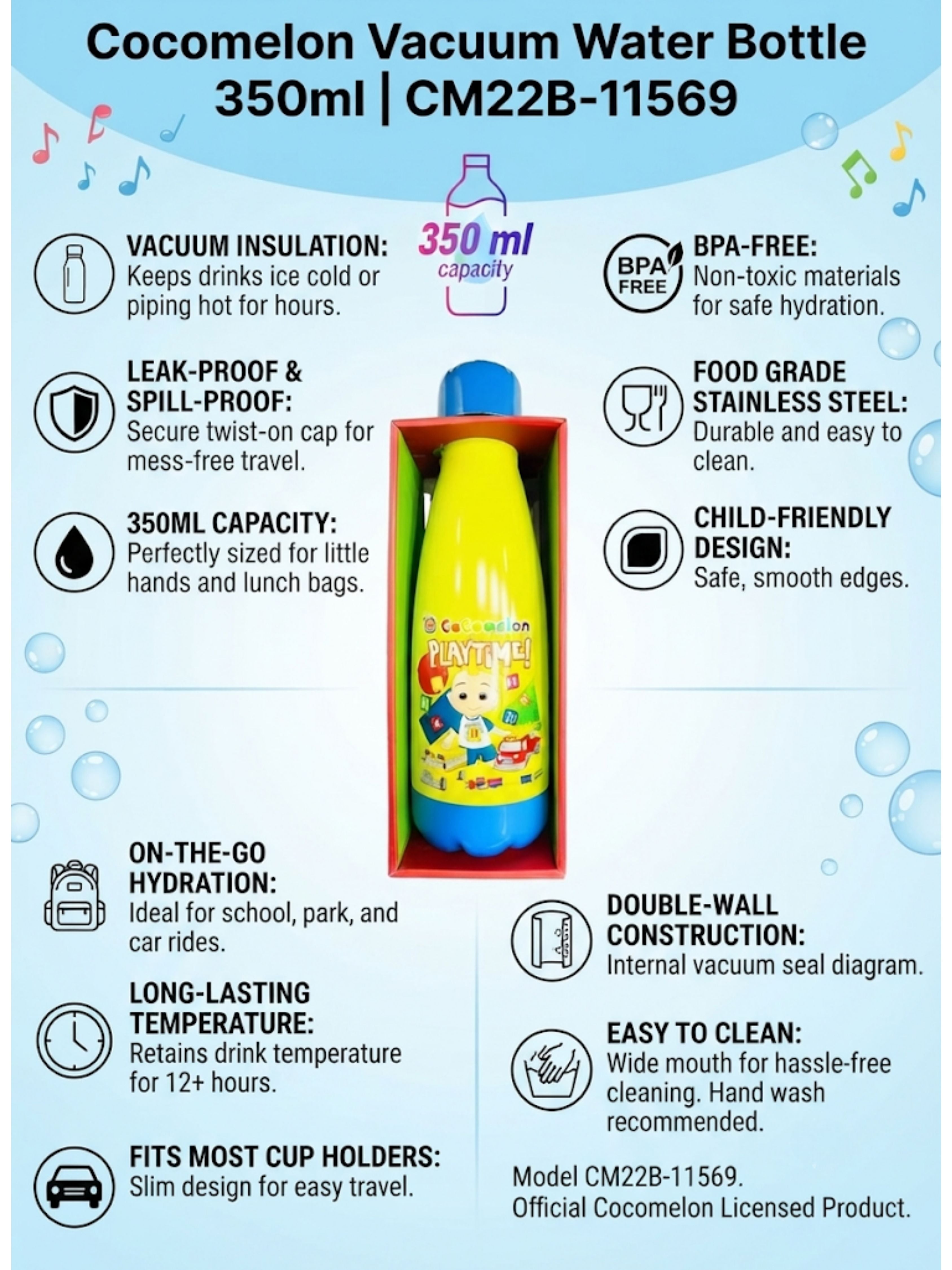 Cocomelon Kids Vacuum Insulated Water Bottle – 350ml Stainless Steel Secondary image
