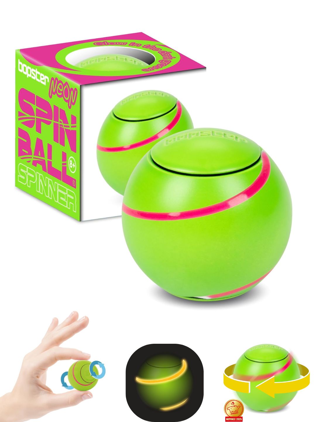 Bopster Spin Ball Spinner Neon colour with Glow in the Dark Groove | Green