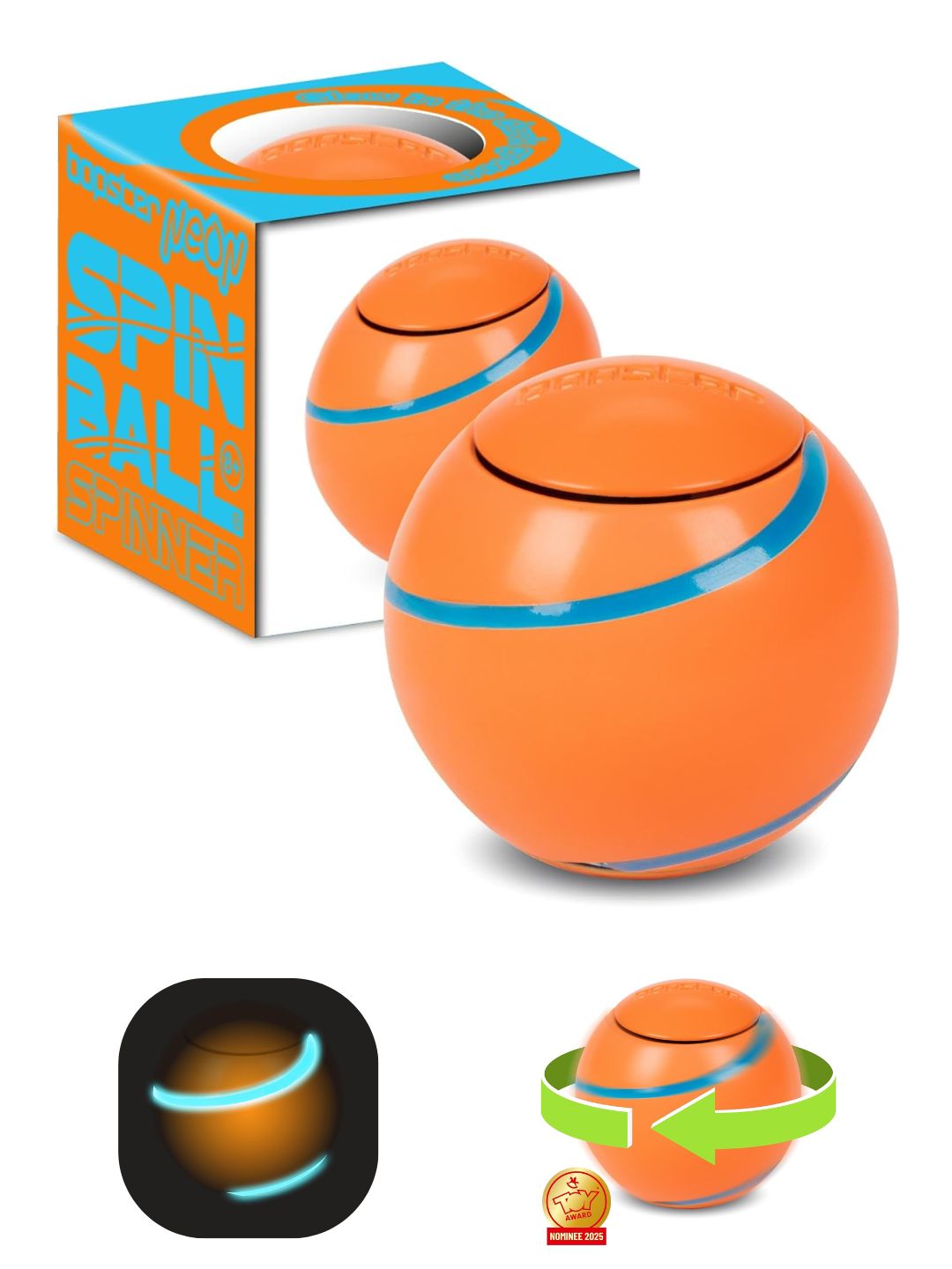 Bopster Spin Ball Spinner Neon colour with Glow in the Dark Groove | Orange