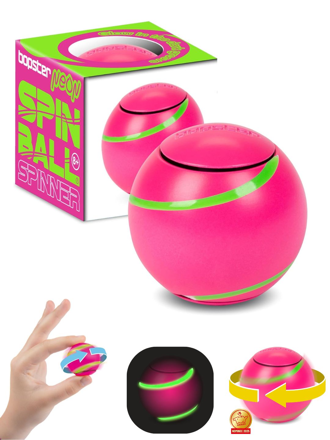 Bopster Spin Ball Spinner Neon colour with Glow in the Dark Groove | Pink
