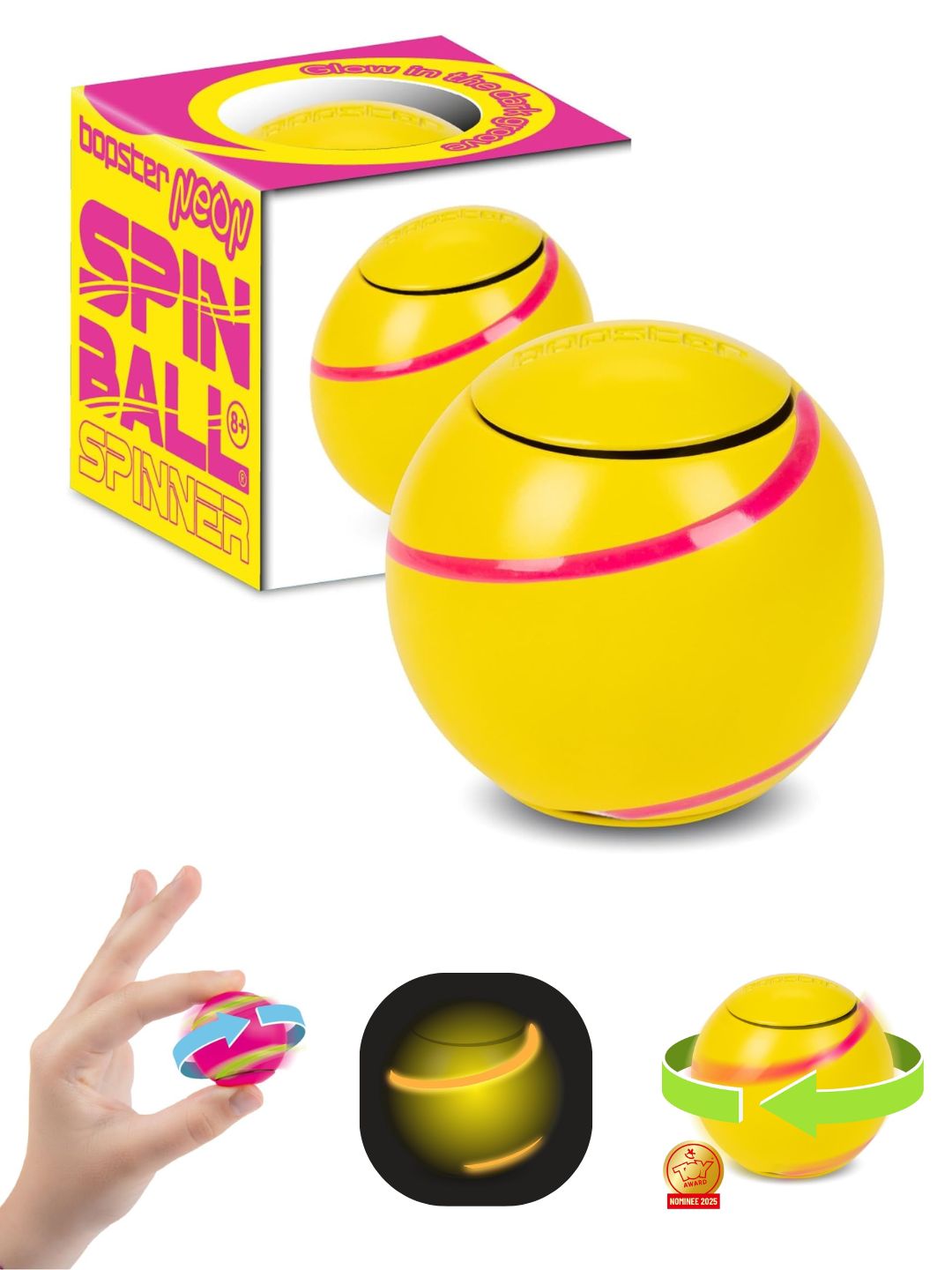 Bopster Spin Ball Spinner Neon colour with Glow in the Dark Groove | Yellow الصورة الرئيسية