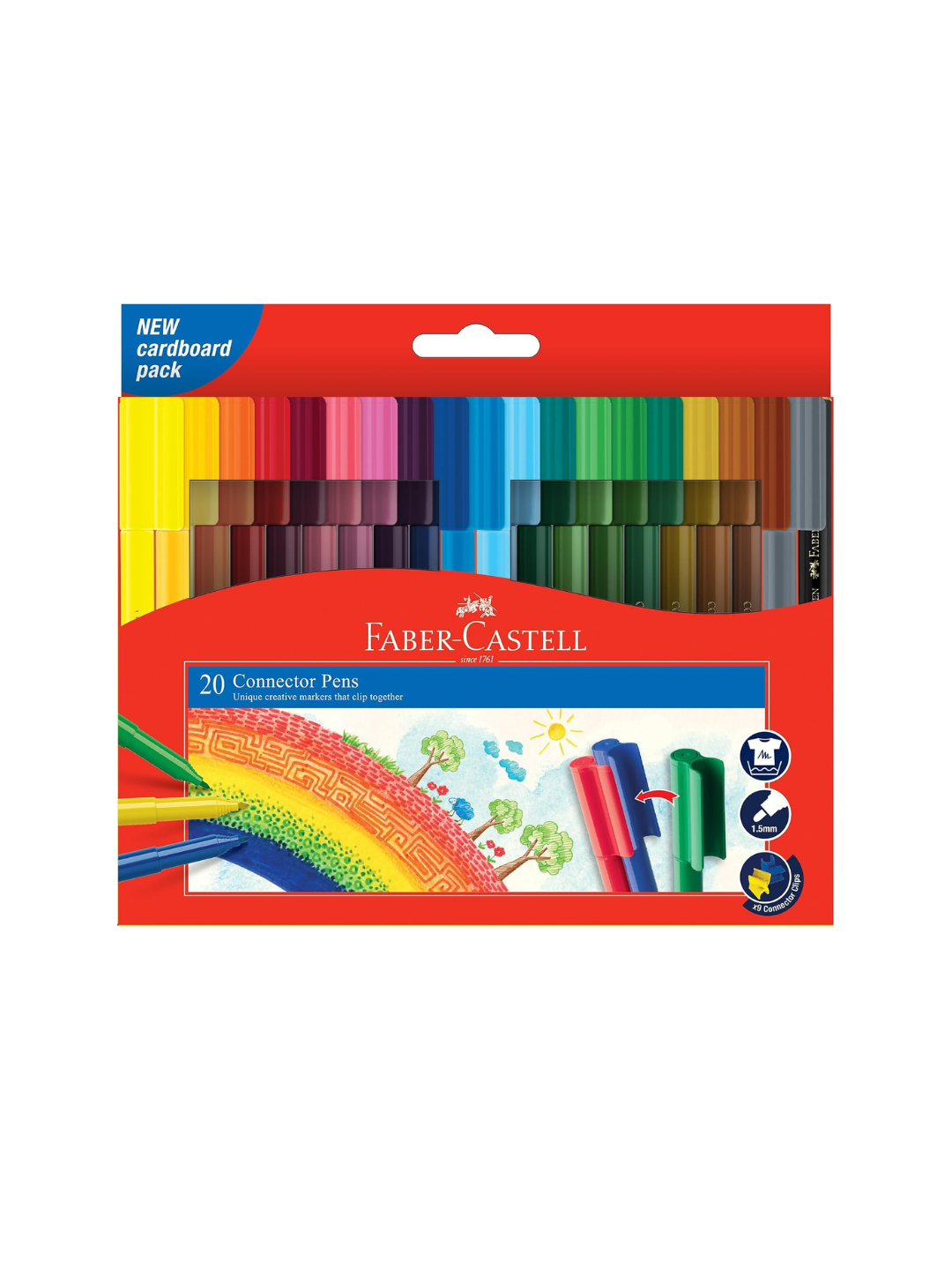 Faber-Castell Connector Felt Tip Pens 20 Colours with 9 Clips & Craft Card – FCI11200
