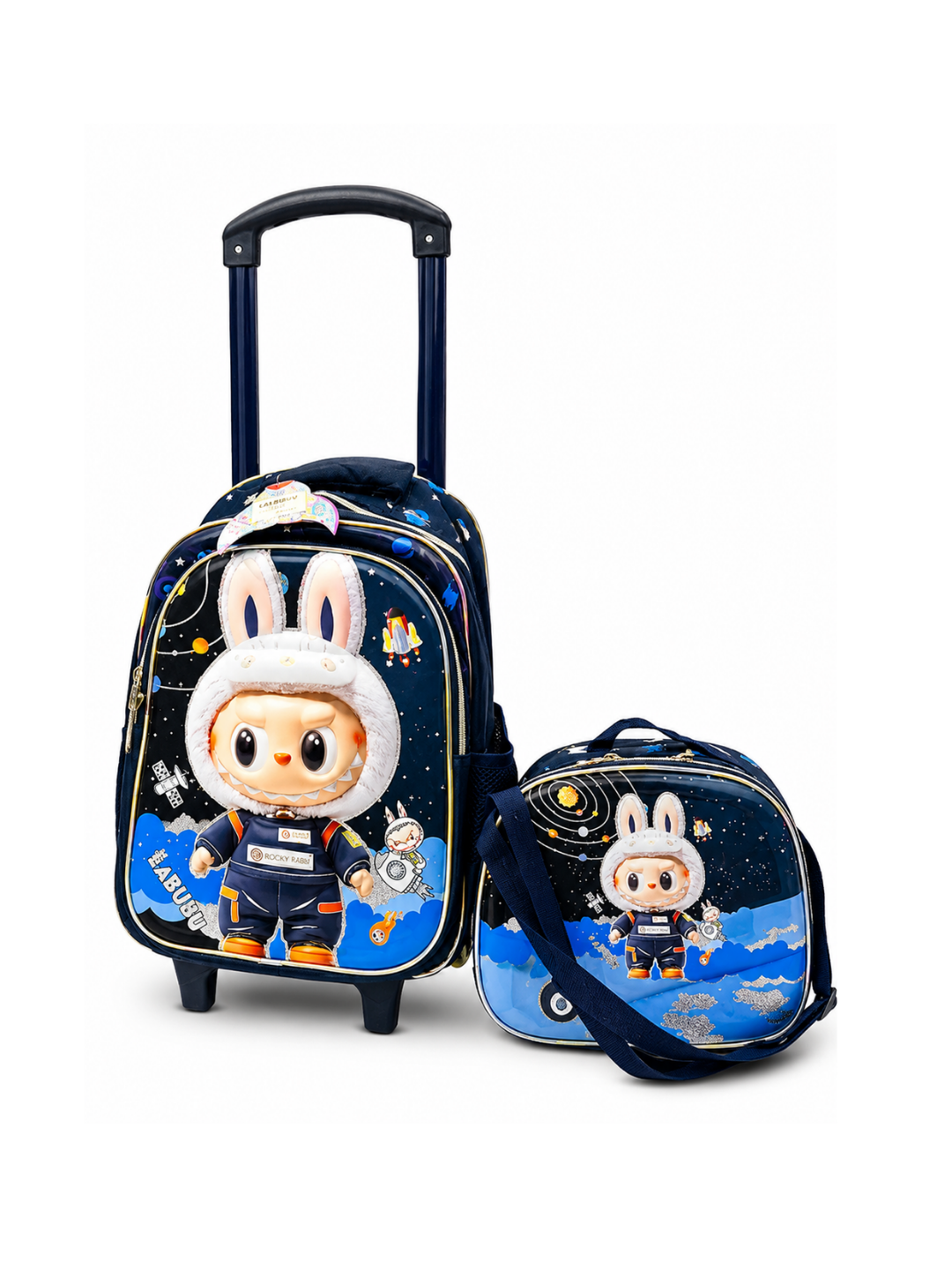2-in-1 Labubu Space Theme Kids Trolley Bag Set – Trolley Backpack with Insulated Lunch Bag