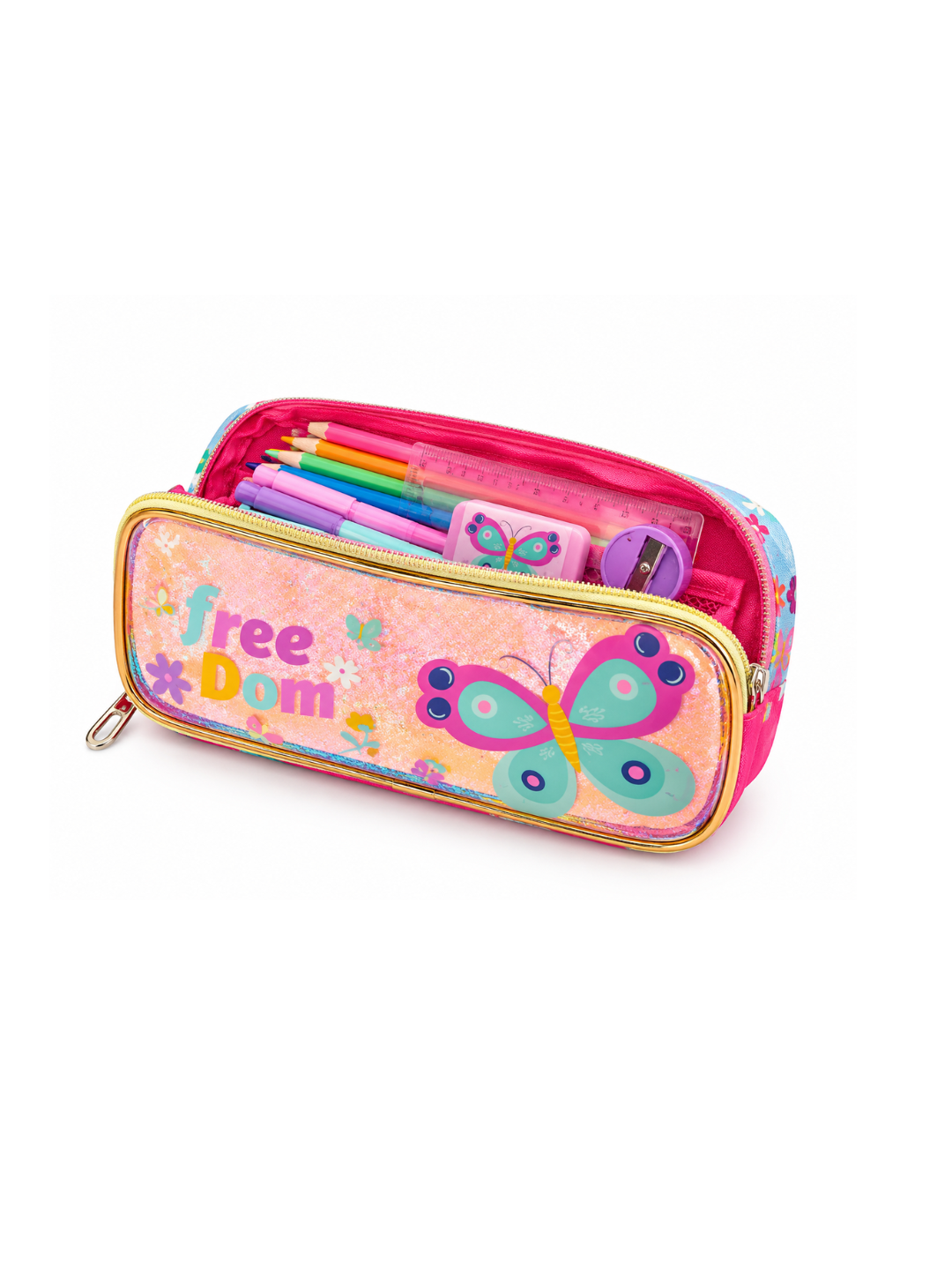 Freedom Flying Butterfly Glitter Pencil Case - Dual Zipper