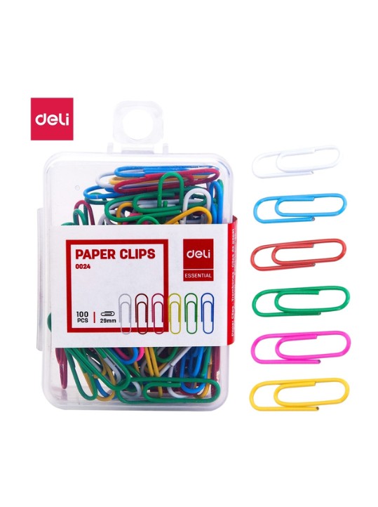 DELI Colored Paper Clips 29mm Pack of 100 Assorted Color Metal Paper Clips for Office School & Home Use Main image