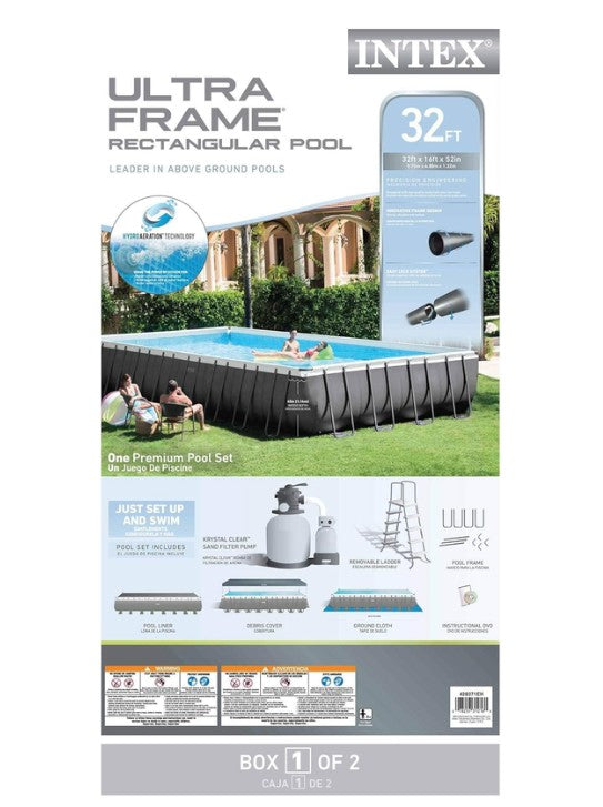 Intex Ultra Frame Rectangular Swimming Pool 32ft (975x488x132 cm) Heavy Duty Steel Frame Above Ground Family Pool Set with Filter Pump System SF-25KG