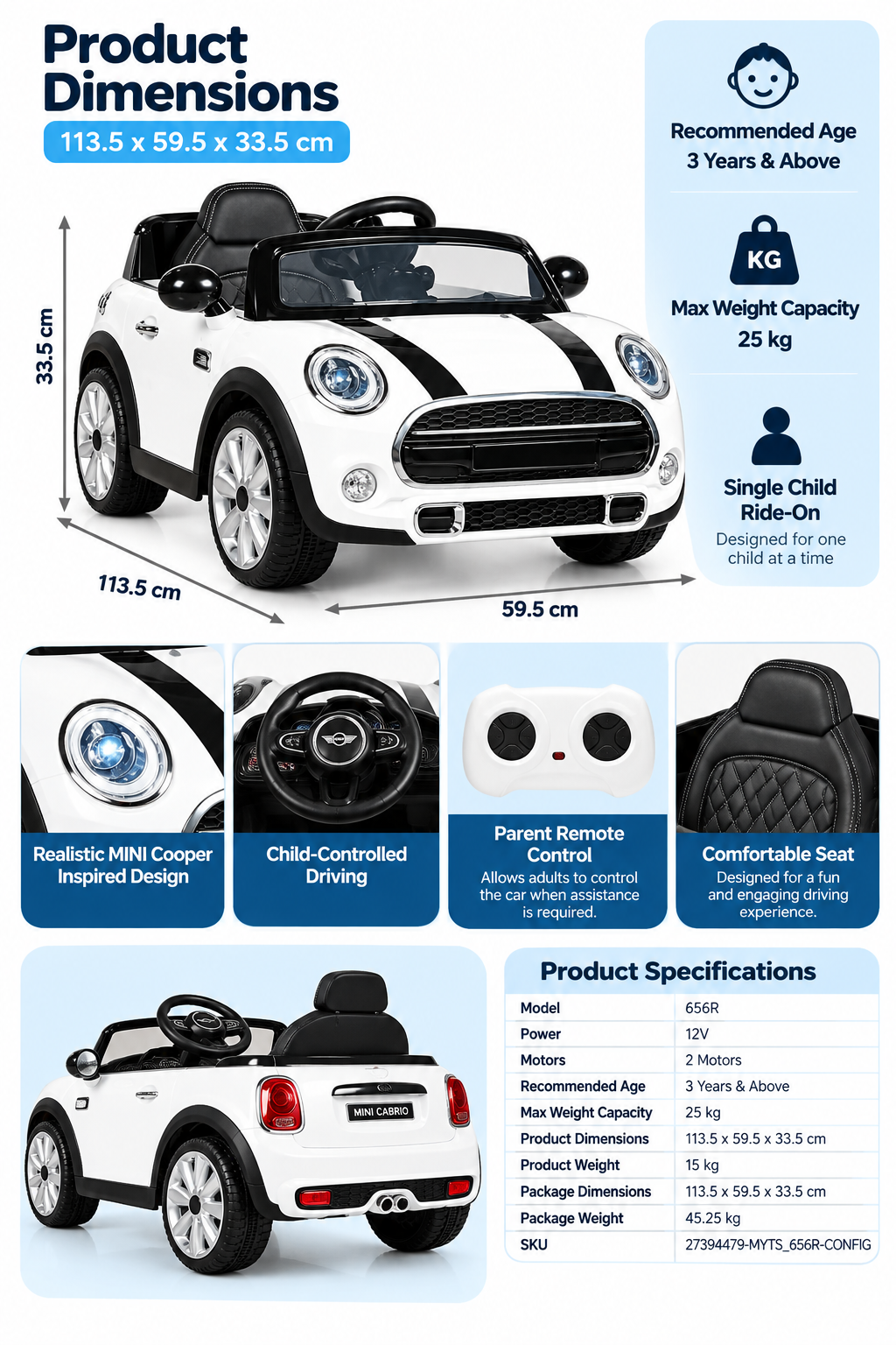 Mini Cooper White Electric Ride-On Car with Remote Control – 656R Secondary image