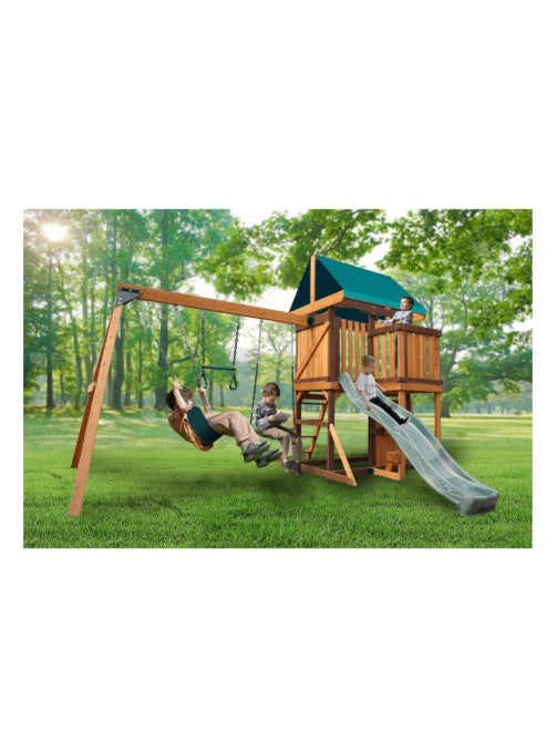 Mount Peak Experience the Logan Swing Set & Playhouse with Balcony, Wooden Roof, Long Lasting, Weather-resistant Materials, 3 Years+, 480 x 330 x 295 cm - Brown