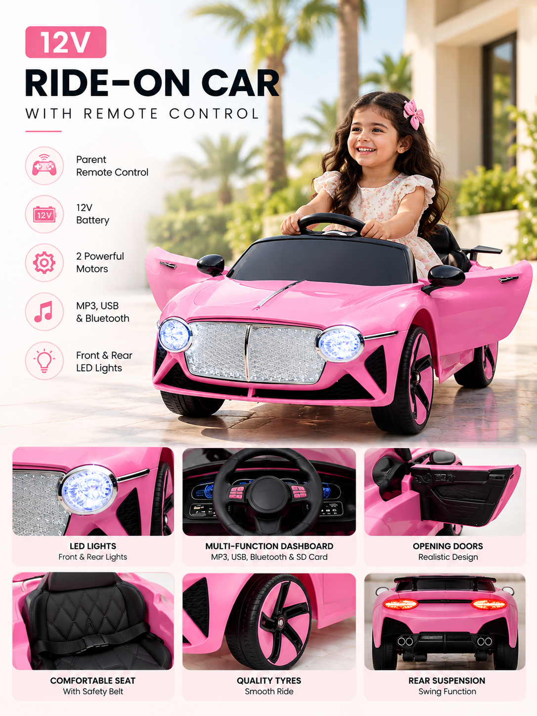 Bentley Electric Kids Ride On Car with Remote - Pink