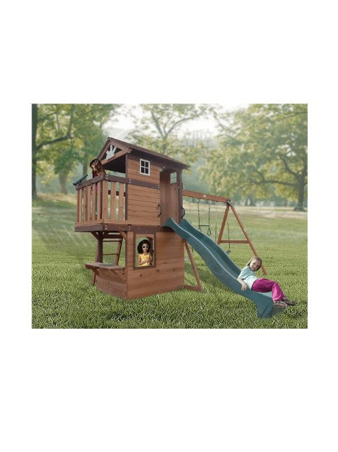 Mount Peak Elbrus Swing Set & Playhouse with Wooden Roof