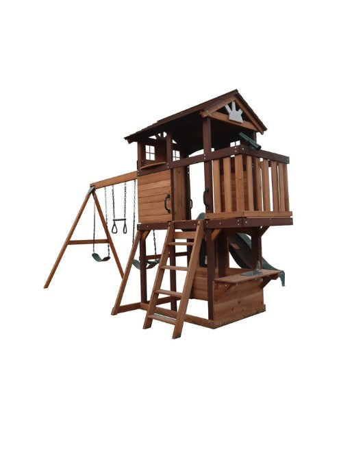 Mount Peak Elbrus Swing Set & Playhouse with Wooden Roof