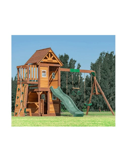 Mount Peak -Kazbek Swing Set & 2 level Play House with wooden roof