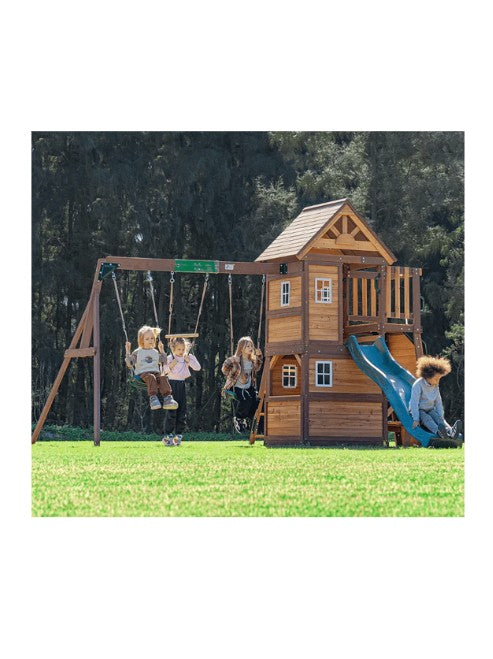 Mount Peak -Kazbek Swing Set & 2 level Play House with wooden roof