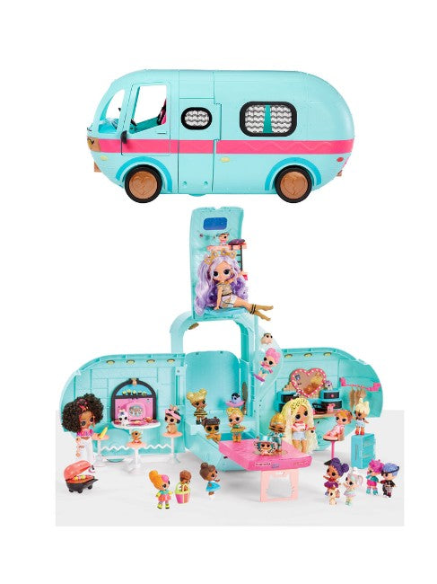 LOL Surprise Glam n’ Go Camper Playset – MGA-502500 4-in-1 Transforming Camper with Lights, Pool, Slide & 55+ Surprises for Kids