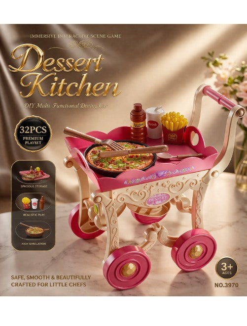 Dessert Kitchen Trolley Play Set 32 Pieces Kids Pretend Play Food Cart Toy with Accessories
