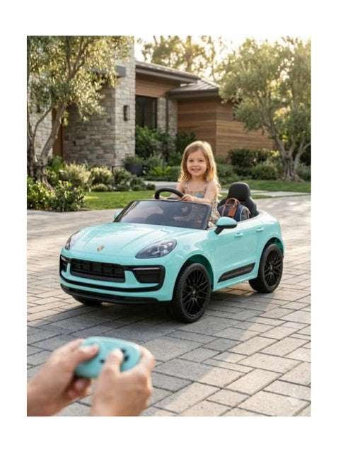 Porsche Macan 12V Ride-On Car for Kids Dual Motor EVA Wheels Leather Seat Parental Remote, Blue