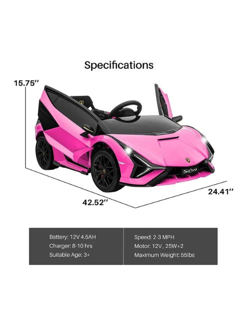 Lamborghini Sian Kids Electric Ride-On Car 12V, Pink with Leather Seats