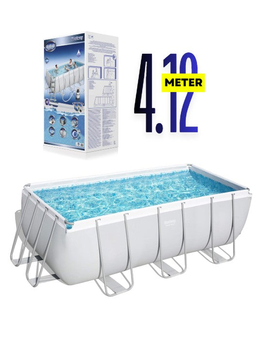 Bestway Power Steel Rectangular 4.12 Meter Swimming Pool Set 412 x 201 x 122 cm with Steel Frame, Filter Pump & Ladder – Large Family Above Ground Pool Main image