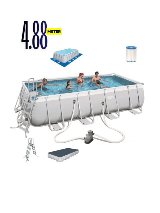 Bestway Power Steel Rectangular 4.8 Meter Swimming Pool Set 488 x 244 x 122 cm with Steel Frame, Sand Filter Pump, Ladder & Cover – Extra Large Family Above Ground Pool