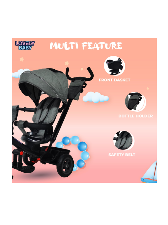 Tricycle LB-565HC Grey for Kids – Multifunctional Baby Trike with Push Handle, Canopy, Safety Guard & Storage Basket for Toddlers