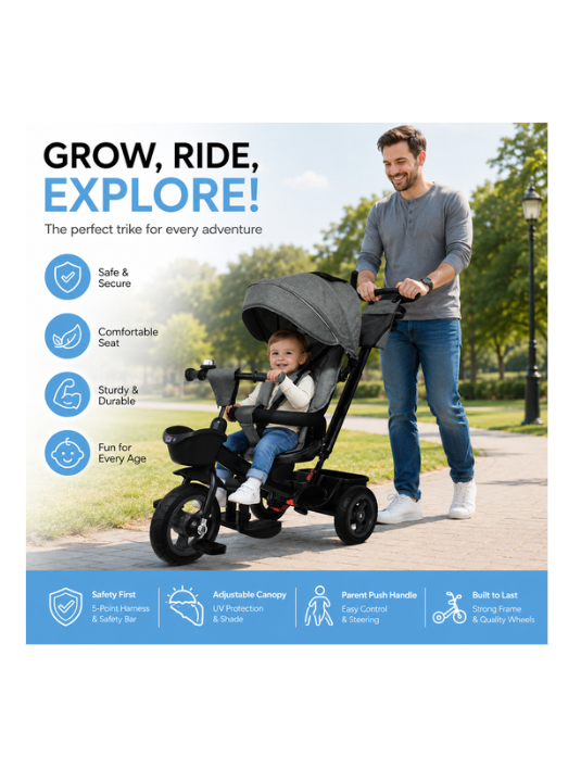 Tricycle LB-565HC Grey for Kids – Multifunctional Baby Trike with Push Handle, Canopy, Safety Guard & Storage Basket for Toddlers