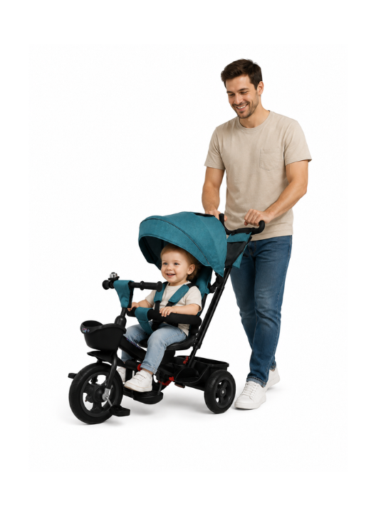 Tricycle LB-565HC Blue for Kids – Multifunctional Ride-On Trike with Push Handle, Canopy, Safety Belt & Storage Basket for Toddlers الصورة الرئيسية