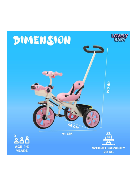 Lovely Baby Kids Tricycle LB 6565H with Parent Control, Music & LED Lights, EVA Wheels, Steel Frame, Ride-On Toy for 1-3 Years - Pink