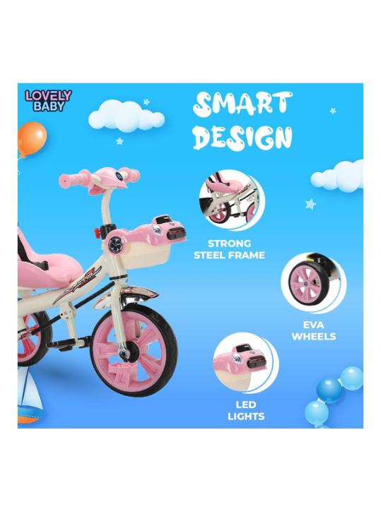 Lovely Baby Kids Tricycle LB 6565H with Parent Control, Music & LED Lights, EVA Wheels, Steel Frame, Ride-On Toy for 1-3 Years - Pink
