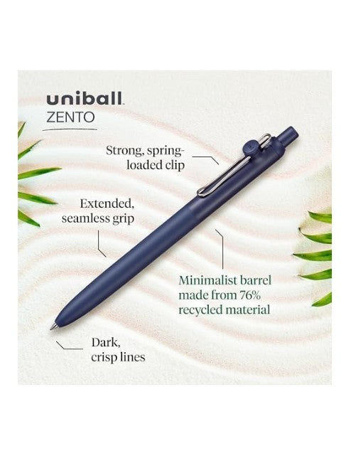 قلم حبر جاف Uni-ball Zento، سن رفيع 0.7 مم، حبر أزرق مائي، هيكل من الكتان، عبوة من قطعة واحدة صورة ثانوية