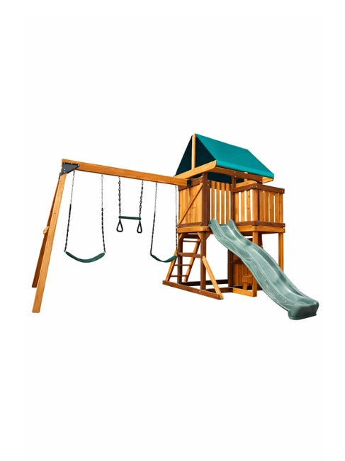 Mount Peak Experience the Logan Swing Set & Playhouse with Balcony, Wooden Roof, Long Lasting, Weather-resistant Materials, 3 Years+, 480 x 330 x 295 cm - Brown
