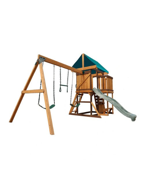 Mount Peak Experience the Logan Swing Set & Playhouse with Balcony, Wooden Roof, Long Lasting, Weather-resistant Materials, 3 Years+, 480 x 330 x 295 cm - Brown