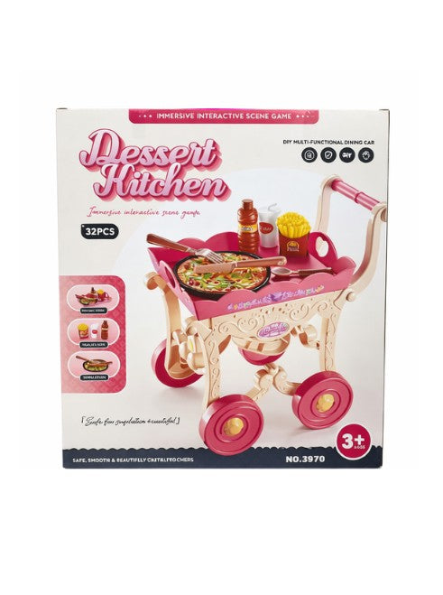 Dessert Kitchen Trolley Play Set 32 Pieces Kids Pretend Play Food Cart Toy with Accessories