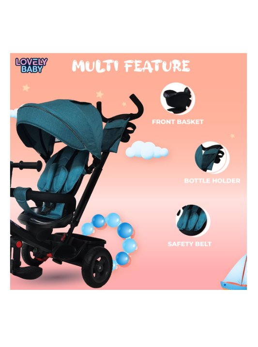 Tricycle LB-565HC Blue for Kids – Multifunctional Ride-On Trike with Push Handle, Canopy, Safety Belt & Storage Basket for Toddlers
