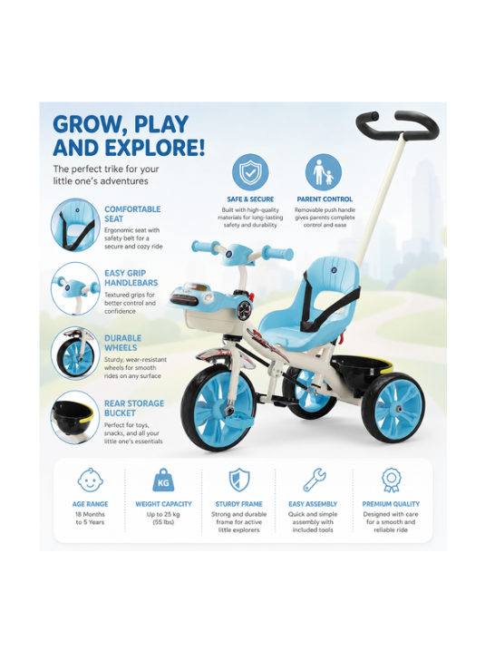Lovely Baby Kids Tricycle LB 6565H with Parent Control, Music & LED Lights, EVA Wheels, Steel Frame, Ride-On Toy for 1-3 Years (Blue) صورة ثانوية