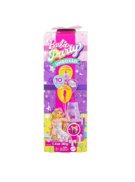 Barbie Party Unboxed Doll & Accessories, Pet Birthday Series Birthday Bows Set with 10 Surprises Including Color Change & Cake-Decorating Activity