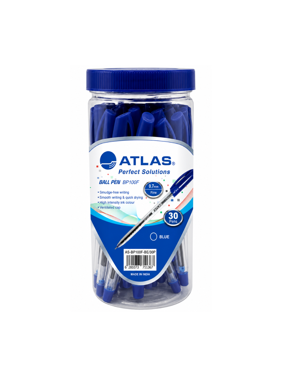 Atlas Ball Pen 0.7mm Fine Jar 30pcs Blue