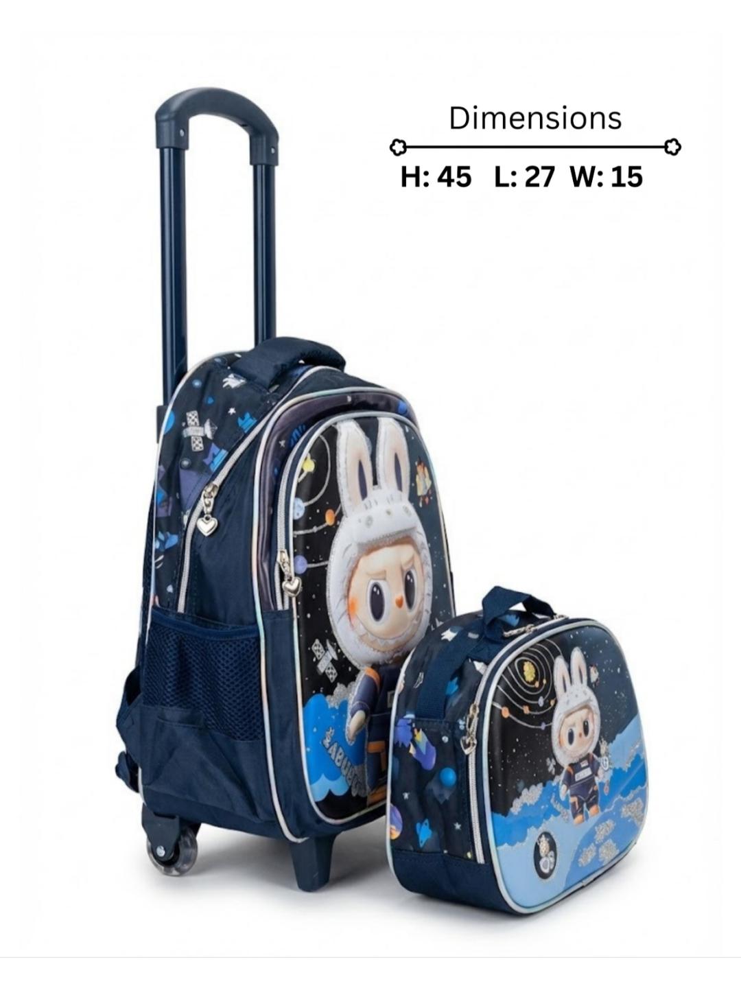 2-in-1 Labubu Space Theme Kids Trolley Bag Set – Trolley Backpack with Insulated Lunch Bag