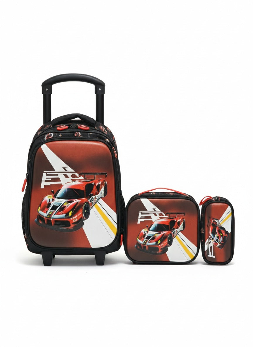 3-in-1 Kids Racing Trolley Backpack Set – Premium School Bag with Lunch Bag & Pencil Case
