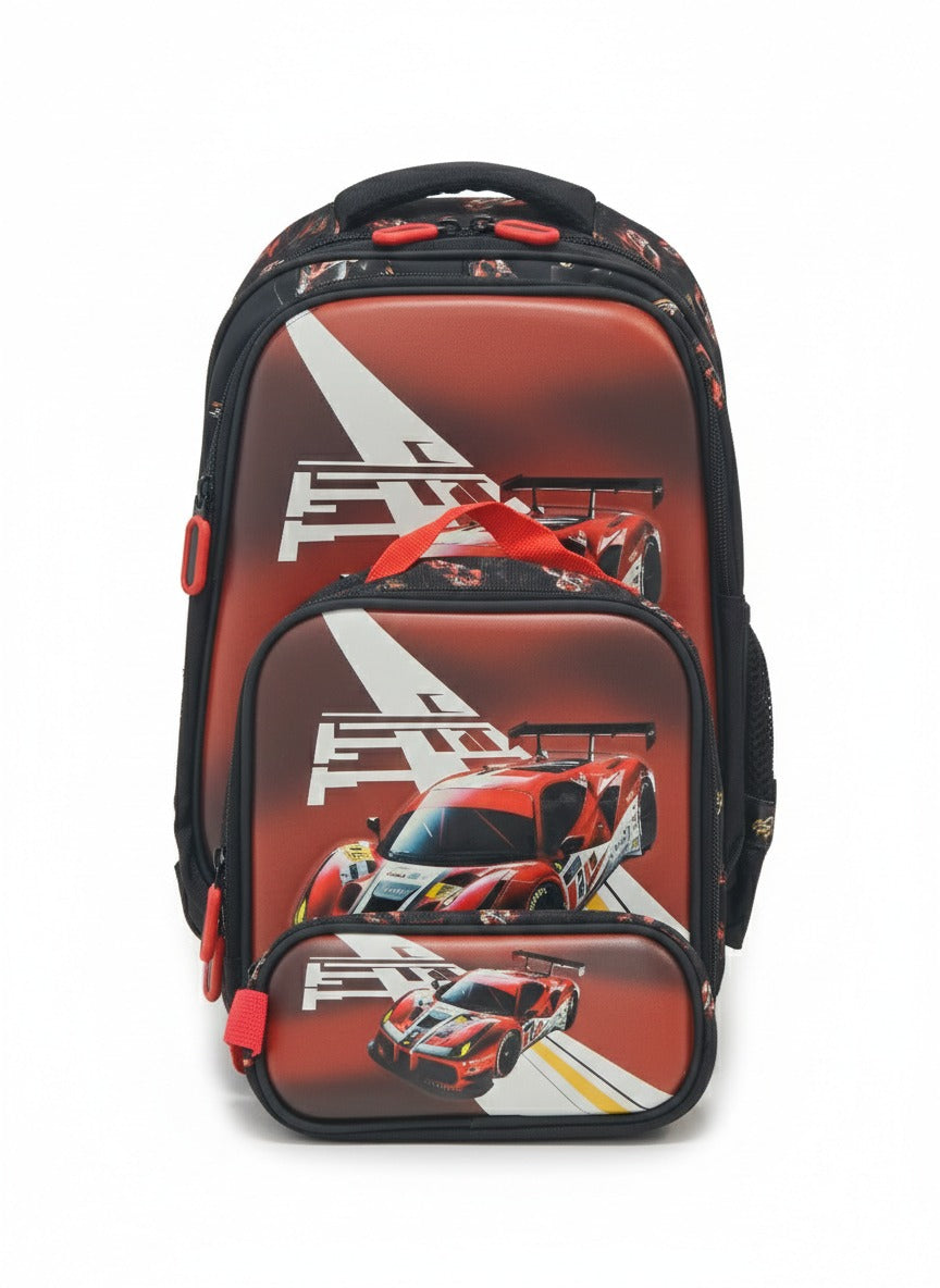 3-in-1 Kids Racing Trolley Backpack Set – Premium School Bag with Lunch Bag & Pencil Case